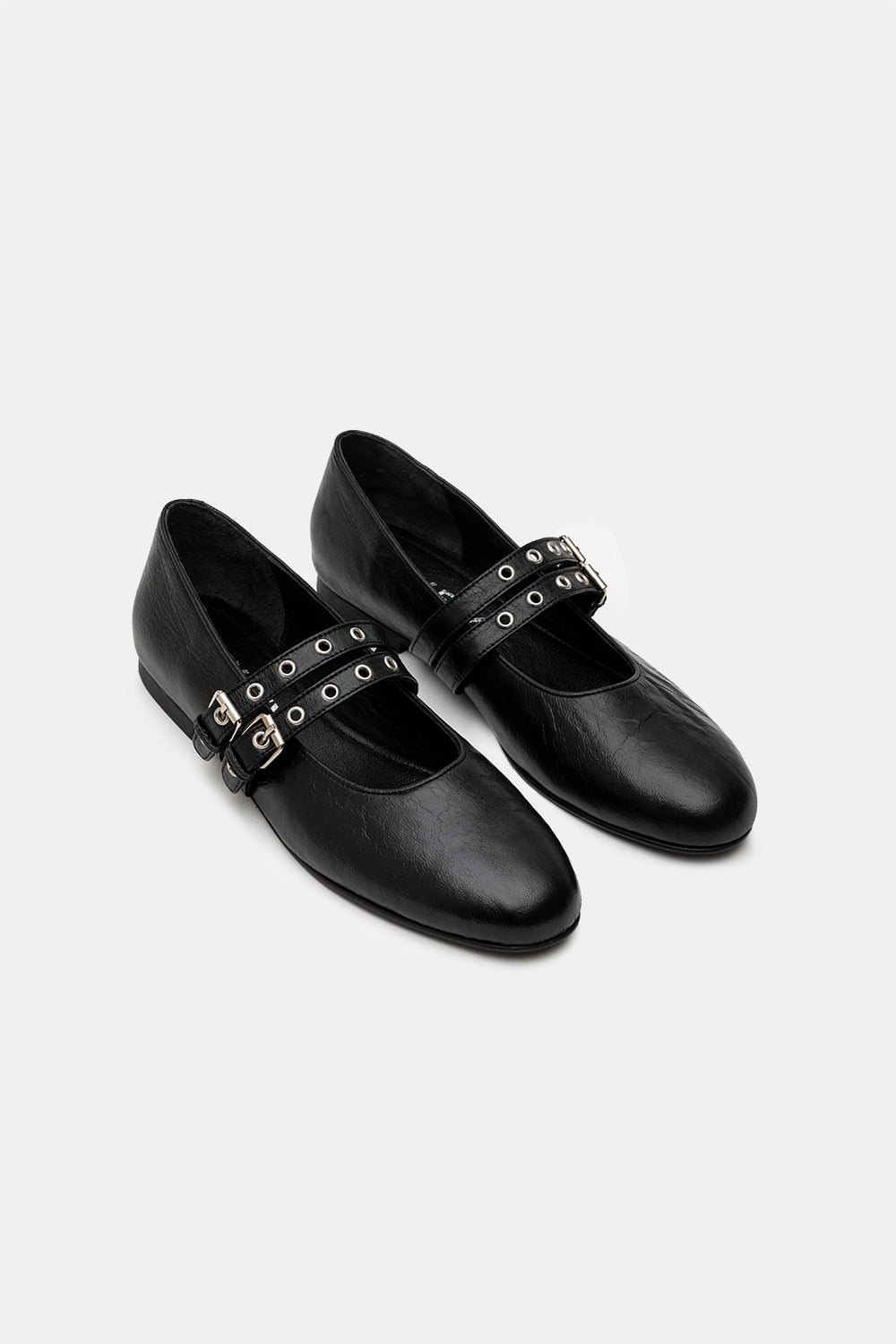 Black Crinkle Lambskin Diania Double-Strap Ballerinas
