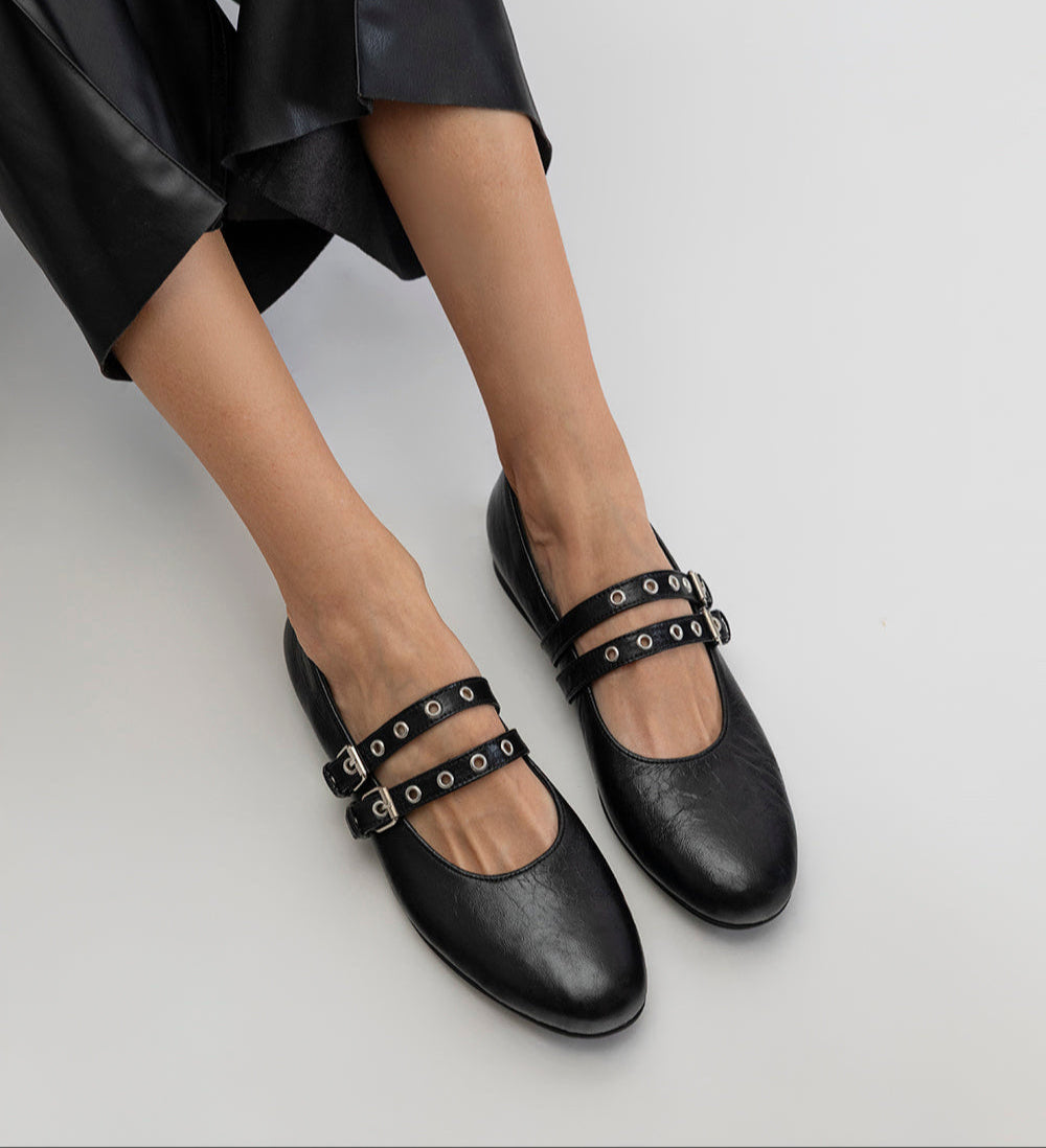 Black Crinkle Lambskin Diania Double-Strap Ballerinas