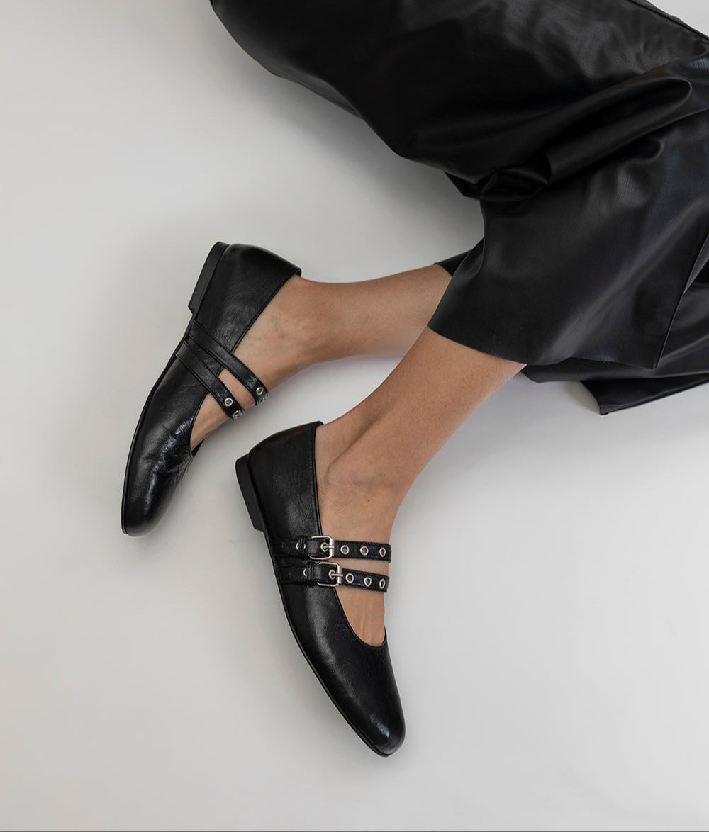 Black Crinkle Lambskin Diania Double-Strap Ballerinas