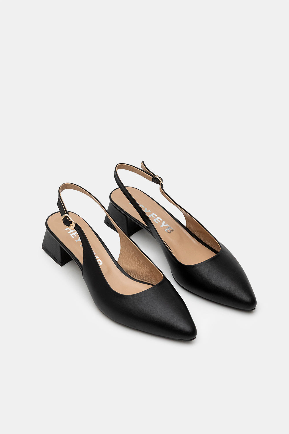 Black Leather Elus Slingback Mid Heel Shoes