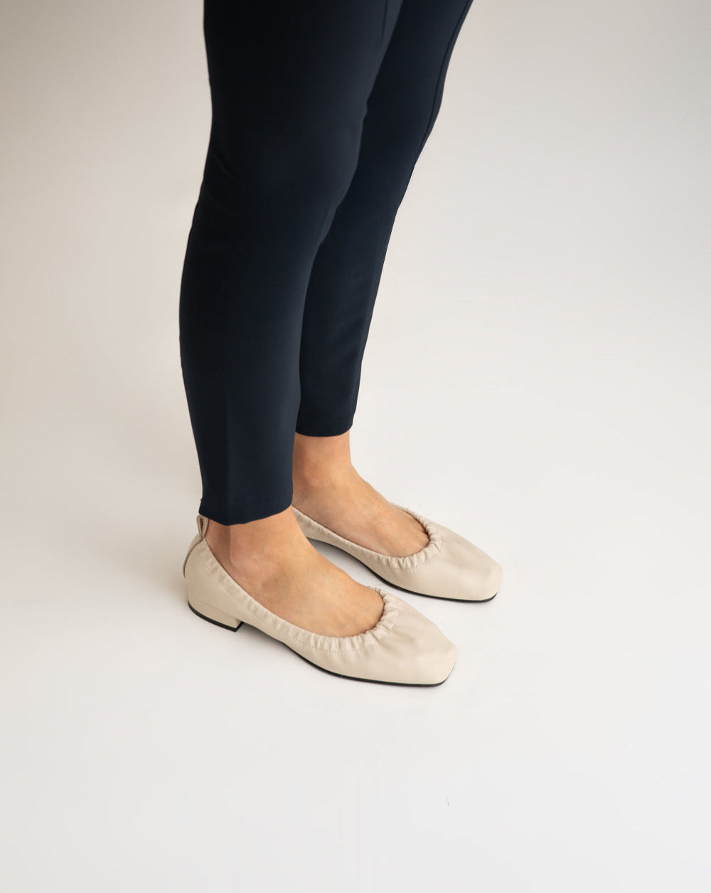 Cream Leather Felia Low Heeled Gathered Ballerinas